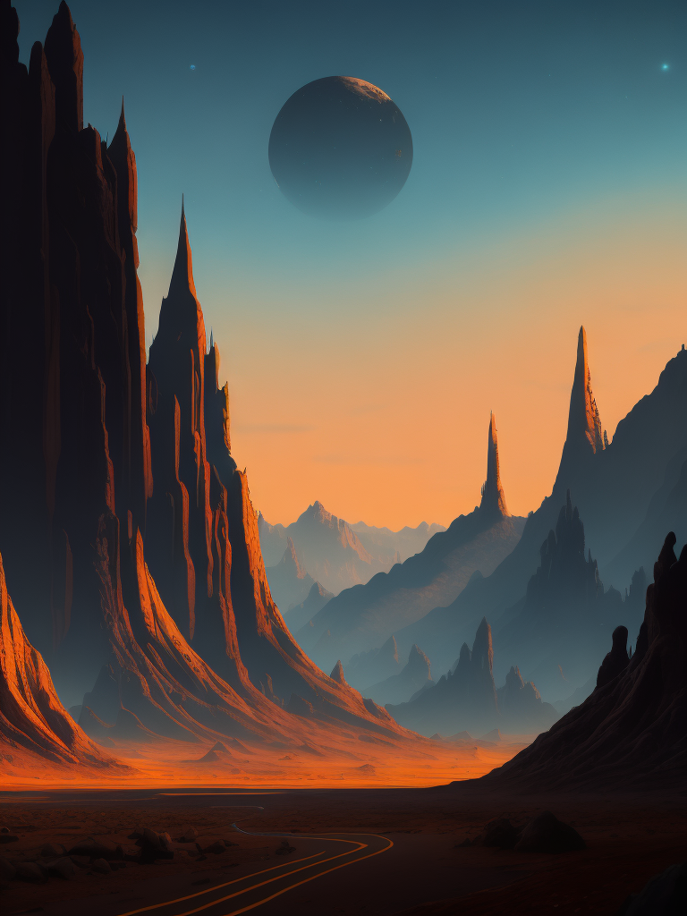 The landscape of an alien planet in the style of Roger Dean and 70's progressive rock