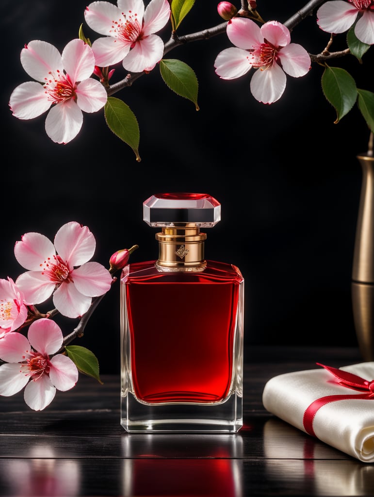 professional photography of a luxury perfume bottle on a black wooden desk, red satin scarf and sakura blossom in the background, no label, clear, mockup