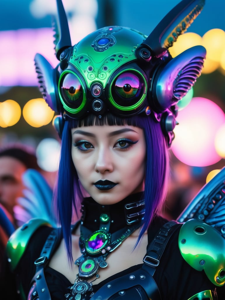 Photorealistic 3d portrait alien mech angels in goth folk festival raver outfit in dmt colorado rave city night 35mm film, akira anime.