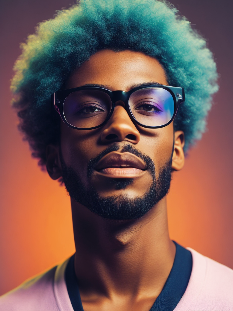 Detailed portrait of the singer the Weekend, Glasses with colored lenses, bright saturated colors, with a small beard, afro hairstyle, bright gradient background,