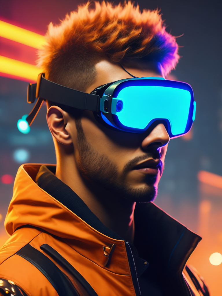 Man wearing virtual reality glasses, cyberpunk style, neon colors, bright colors, bright blue glowing glasses, sharp details, contrasting light