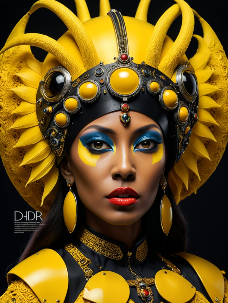 Donyale luna, avant-garde, simplygo, photoshoot spread, dressed in all yellow, black background, harpers bizarre, cover, headshot, hyper realistic