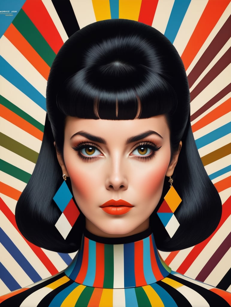 70's fashion portrait cover magazine vogue luxury vintage retro future sharp theme color wes anderson style Portrait of a woman with black hair, style of Yaacov Agam