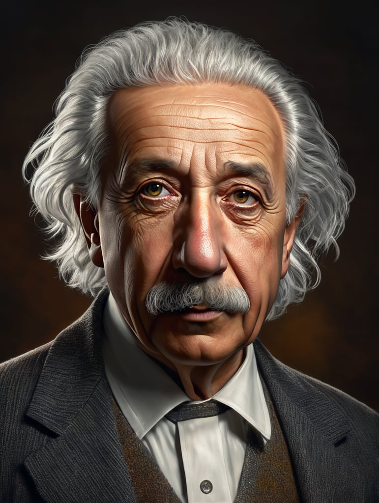 standing centered Portrait of Albert Einstein, bright and saturated colors, highly detailed, sharp focus, Bright expressive, Dramatic Lighting, Depth of field, Incredibly high detailed, on a white background