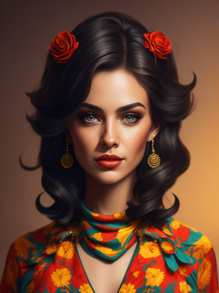 Portrait of a girl dressed in a bright dress, Bright colors, pin up style, 70s