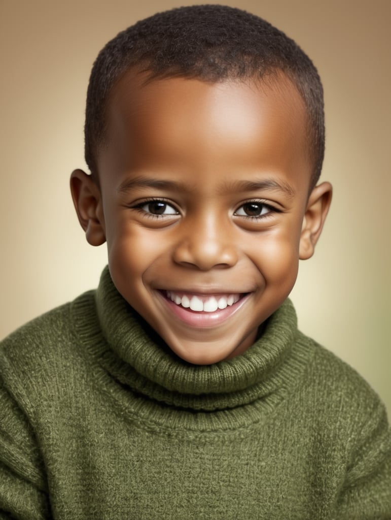 a potrait of a happy cute small 5 year old african boy in a green warm pullneck sweater smiling