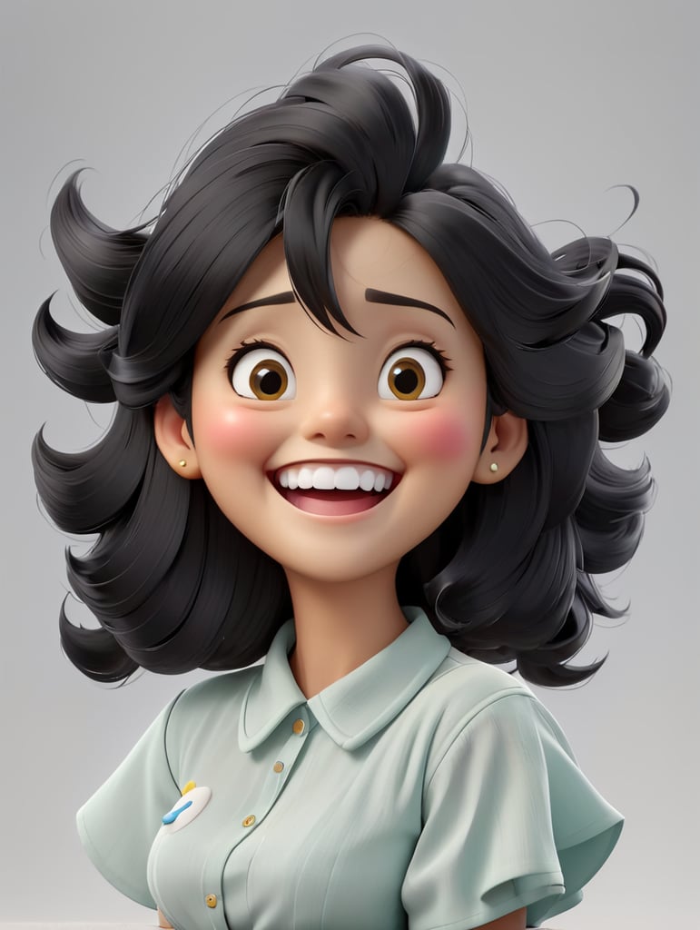 Extreme happiness, laughter emoji as a human, isolated, grey background, black hair