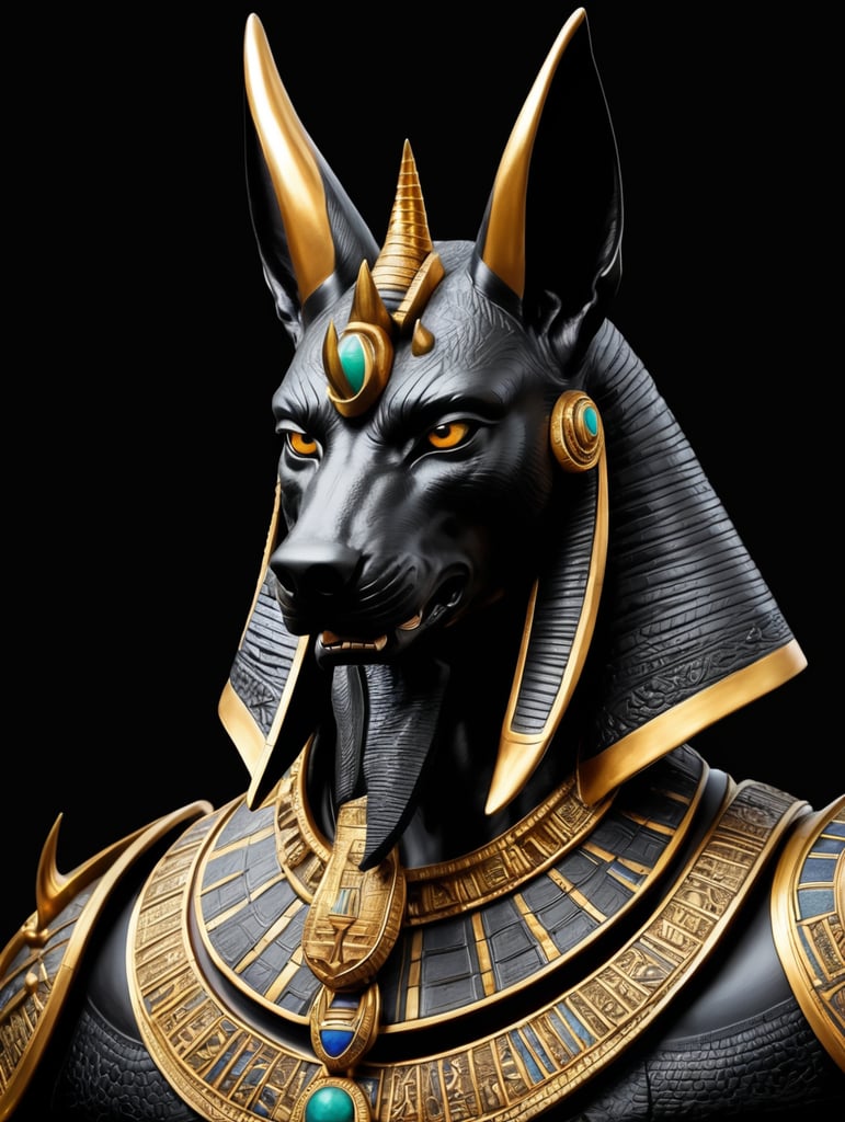 Egyptian god Anubis, portrait, hyper-realistic, dark style, focus on face, sharp on details, black background