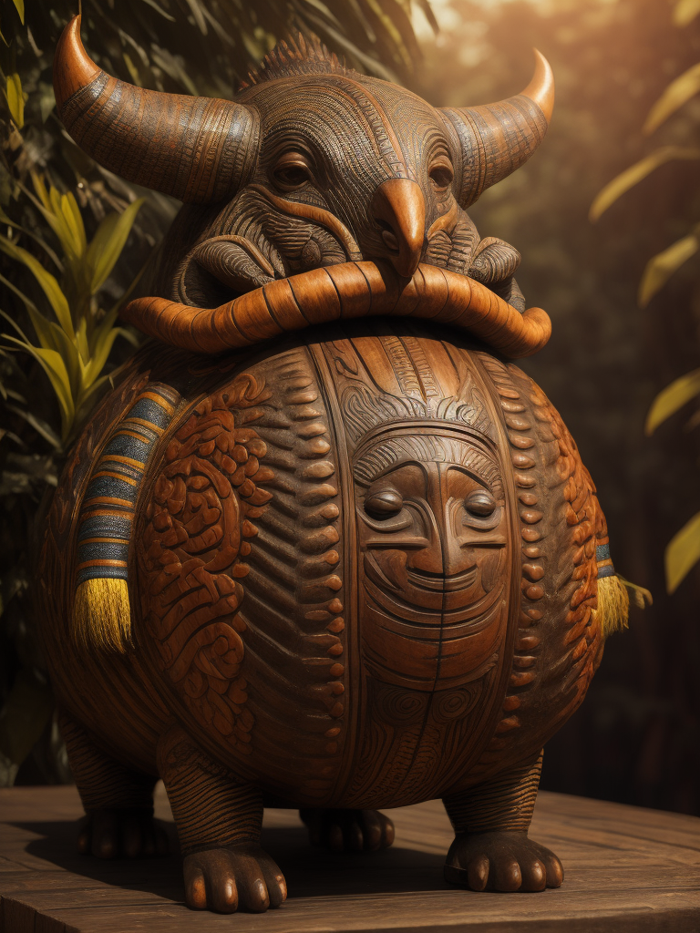 ilustración fullcolor de artesanía precolombina colombiana tallada en madera que parece un armadillo junto con un mar de maracas de madera