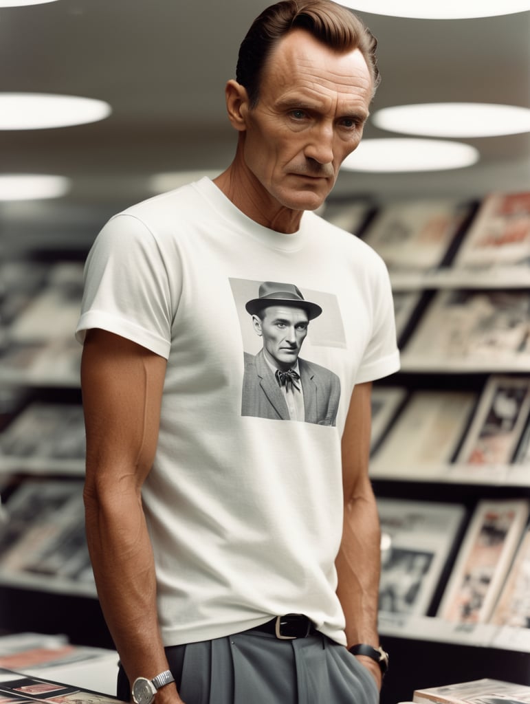 Extremely detailed photographic image, grained image, beautifully composed, monochrome image, 50's fashionable image, fashionable magazine photography, leica summicron 35mm f2.0, kodak 400tx, fashion photography, fashionable model, william s. burroughs, man wearing blank white T-Shirt in Clothing Store Mockup, mock up