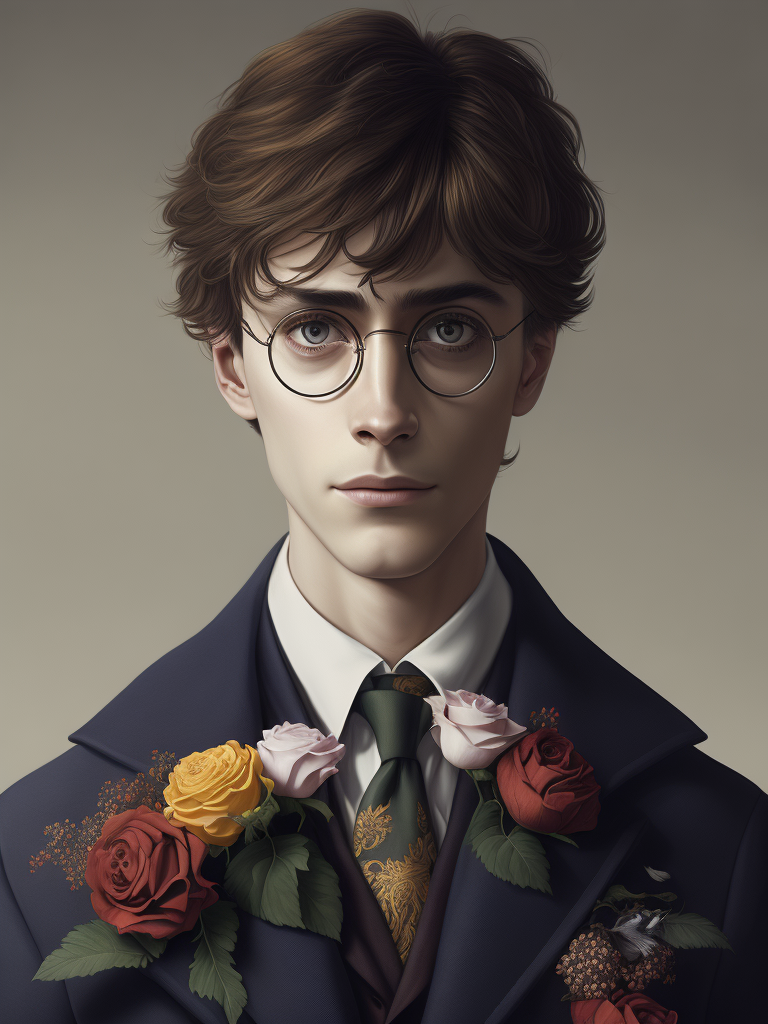 Harry potter with flowers, painted by rené magritte