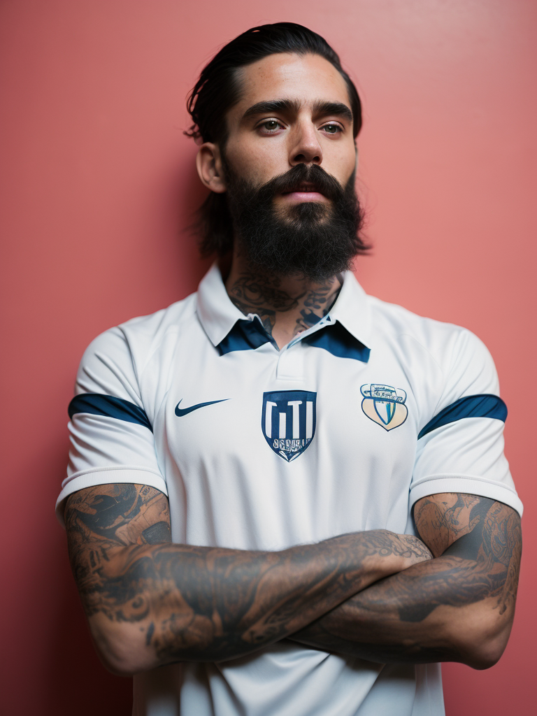 a tattooed soccer player with long black beard stands in a front of the pink wall