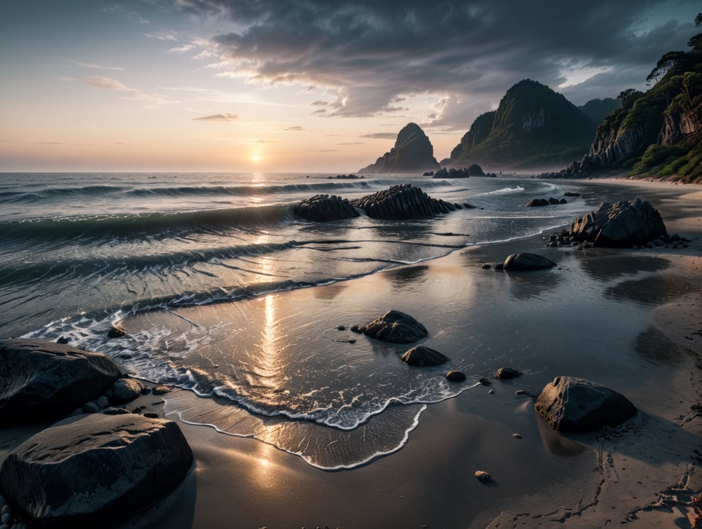 A serene beach at dawn
