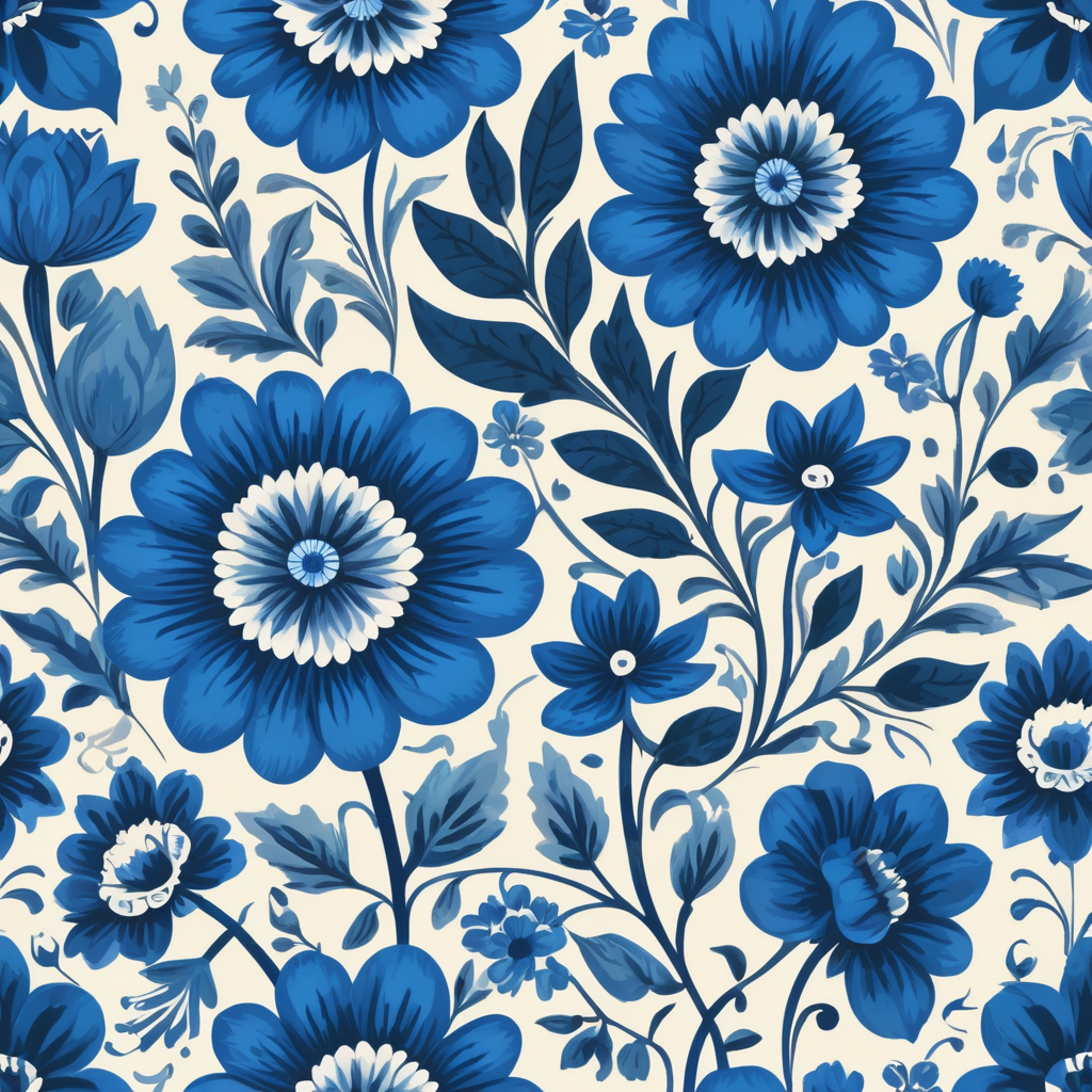 Seamless pattern beautiful floral pattern with blue flowers in the background, in the style of polish folklore motifs, juliana nan, mexican folklore - inspired, tivadar csontváry kosztka, clara peeters, texture exploration, blue color scheme, blue pallete, amoled, 264k render HD