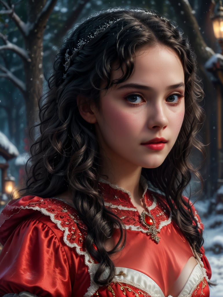 Beautiful young teenage woman, princess, very pale, curly black hair and dark eyes, Snow White, 1930s style, disney cartoon come to life, red gown, innocent sweet face