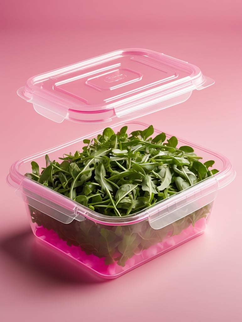 blank Transparent Plastic Container with Arugula Salad, isolated, pink background, Mockup, mock up