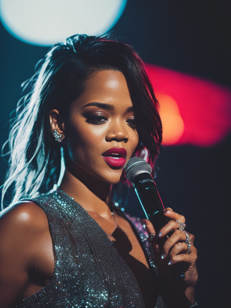 Singer Rihanna sings at a concert, spotlights, bright lights, Vivid saturated colors, Contrast light, professional photo, Detailed image, detailed face,