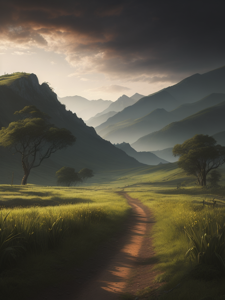 a beautiful fantasy landscape with a dirt road going through a green countryside, digital painting by Noah Bradley