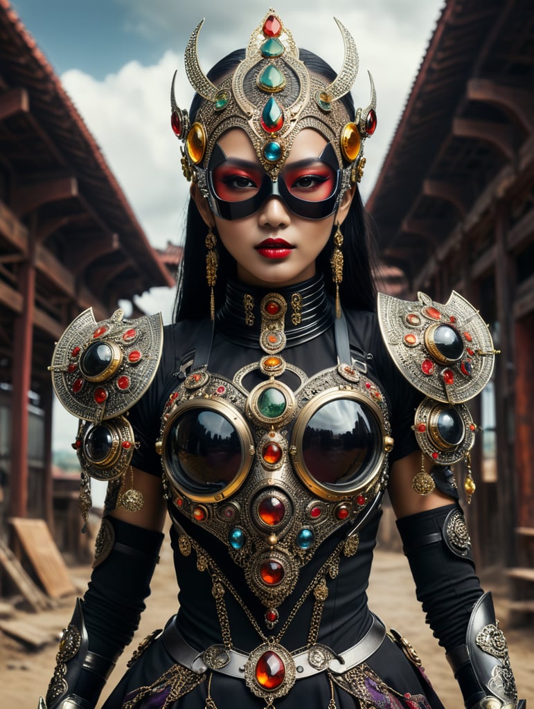 Jeweled mask, solarpunk travaler, futuristic mongolian nomad, traditional japanese outfit, gothic, avant garde glasses, technical outfit, construction worker, full body, women posing, epic portraiture, culturally diverse elements, full body, award winning photography, tinted light, modern african high fashion, futuristic experimental fashion photograghy, gothic avant garde, religious iconography, thick jewelry, abstract painted dress, matt black mask