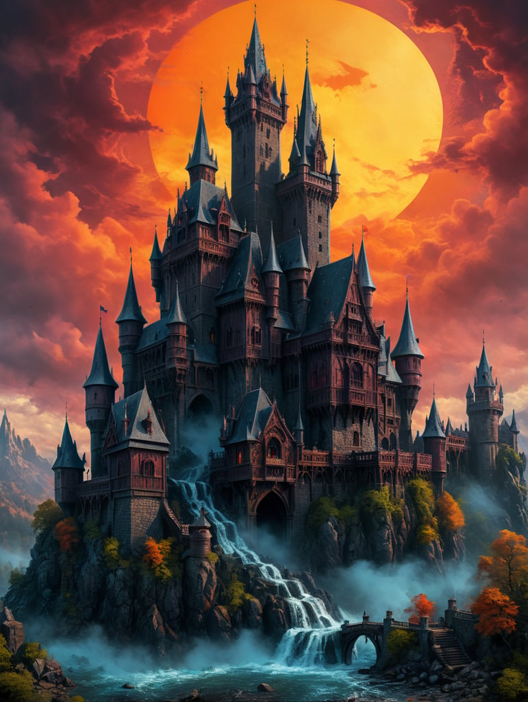 daytime view of a gothic horror castle with vivid colors and a wood press style