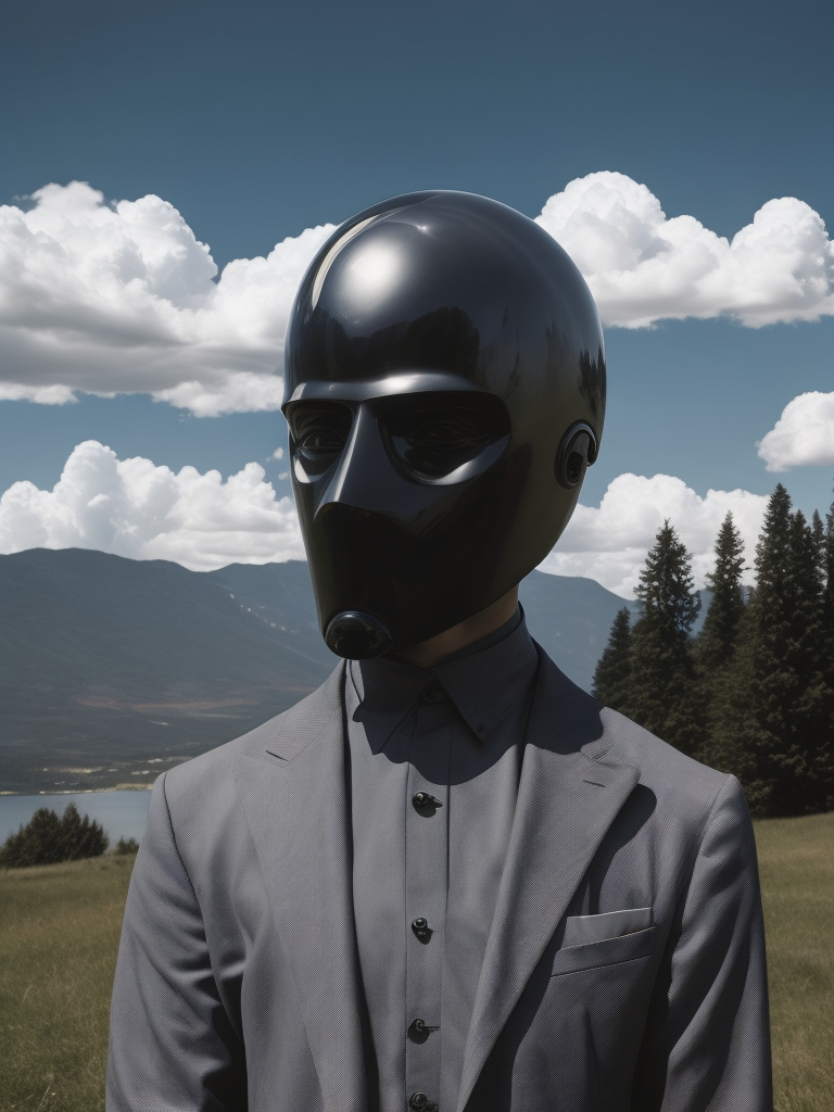 Portrait of a faceless reflective chrome - head man in a suit and black gloves, clouds and nature landscape in the background, by rene magritte, detailed painting, distance, centered, hd, high resolution, high detail,