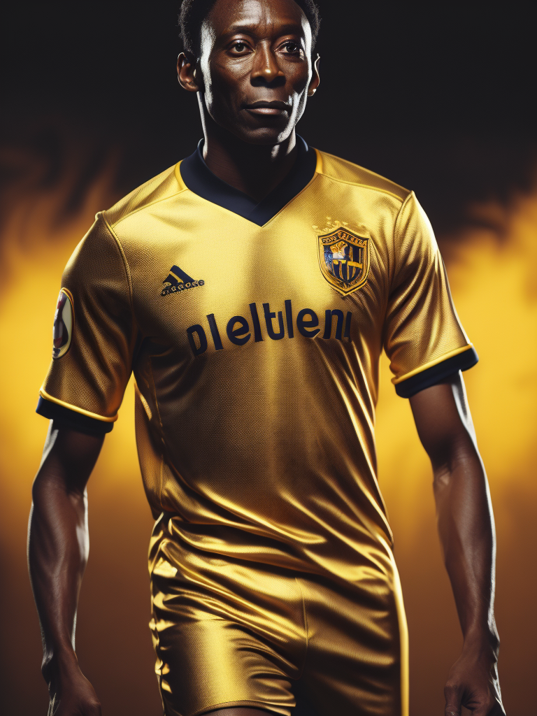 Pele's portrait in a golden football uniform, bright and saturated colors, highly detailed, fashion magazine, sharp focus, Dramatic Lighting, Depth of field, Incredibly high detailed, blurred background