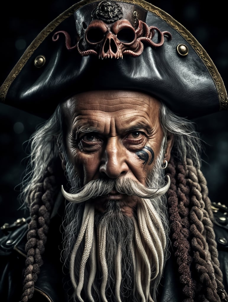 old pirate with octopus beard, dark scene, dark atmosphere, epic shot, sharp on details