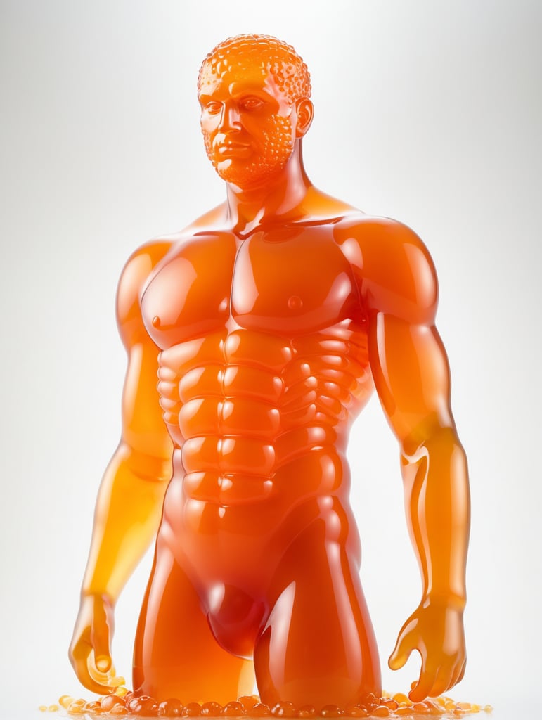 Portrait of a Translucent orange man made from the orange fruit jelly with pice of fruit, organs are visible through the jelly