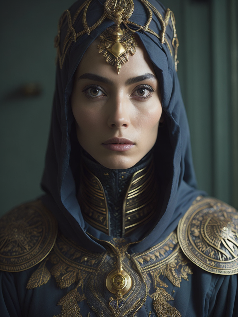 Portrait of a ultraman wearing black coated arabic fashion with gold crown in Renaissance ottoman heritage, hyper realistic, ultra detailed photograph.