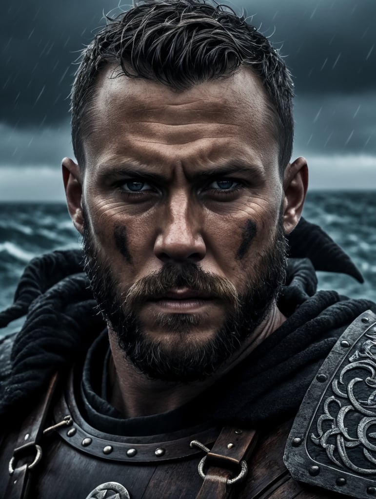 A portrait of viking warrior at the boat in the ocean, stormy weather