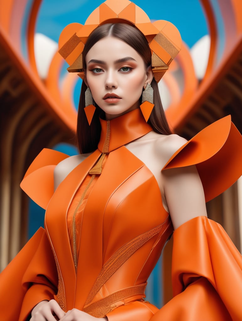 Girl in eco friendly haute couture outfit in the style of anime, surrealism, akira style. details. fine jewelry. eco friendly. Large head dress inspired by geometric shapes, architecture, constructivism