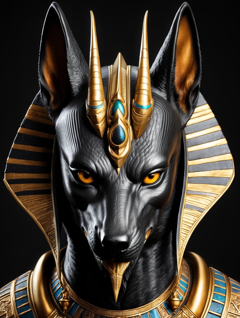 Egyptian god Anubis, portrait, hyper-realistic, dark style, focus on face, sharp on details, black background