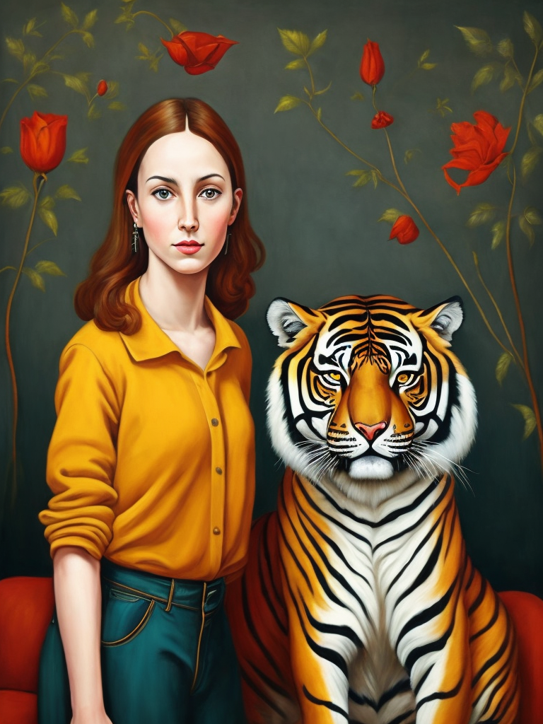 a girl with tiger, style of Catherine Nolin, Painting, Acrylic, Oil, Portrait, Interior, USA