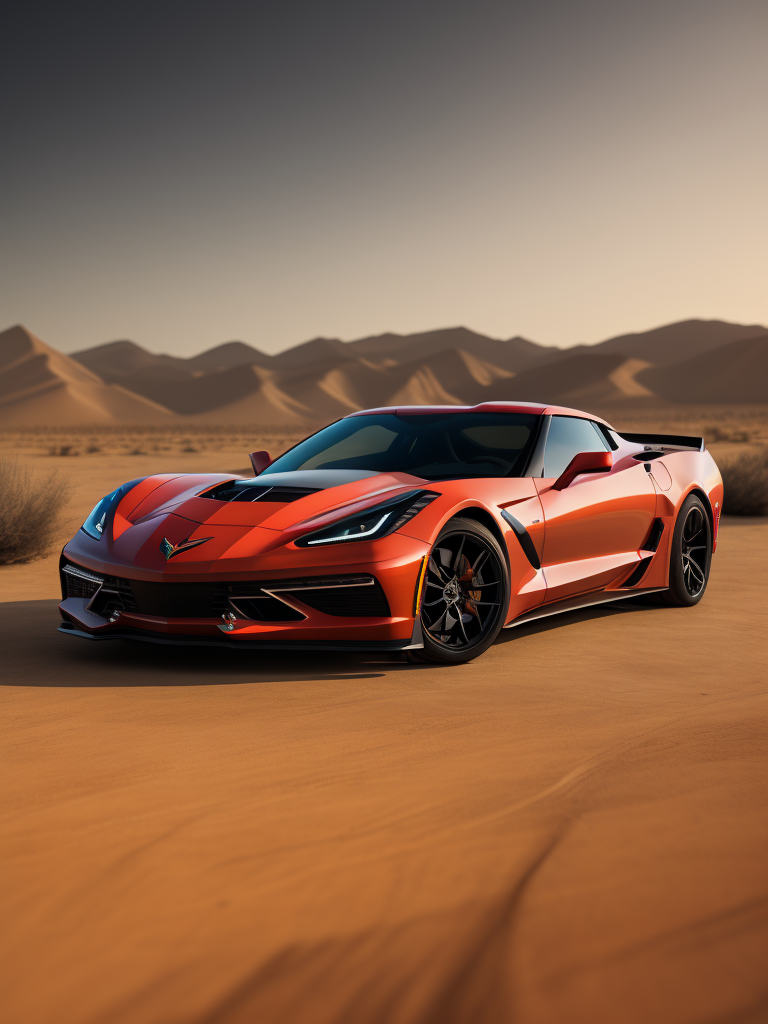 red corvette stingray in the hot dessert. Low angle, photorealistic, highly detailed