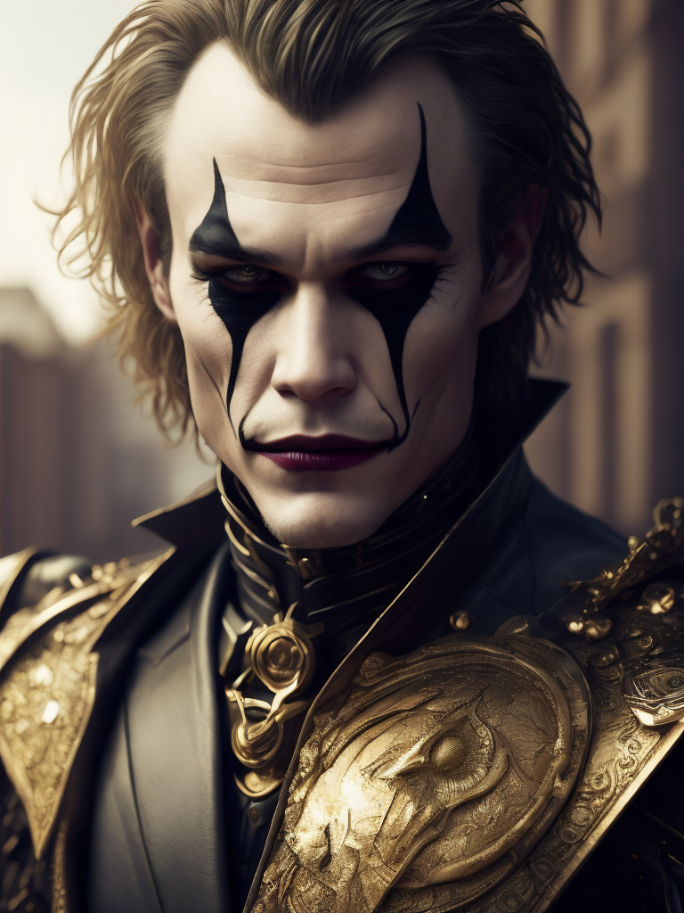 Ultra-sharp photography of male hero, heath ledger as dc joker sitting in an high fashion pose, bust shot, cybernetic face & body, perspective from under, + cinematic shot + dynamic composition, incredibly detailed, sharpen, details + pose from a hajime sorayama painting + steampunk suit with gold ornate armour attire with filigree details + futuristic city in background + evening with light + perfectionism + ultra detailed hair + ultra detailed skin + ultra detailed eye + dc joker in super haute couture + art by emil melmoth, giger, marcin nargraba, rebecca millen + high fashion + award winning realism + the composition is balanced and dynamic