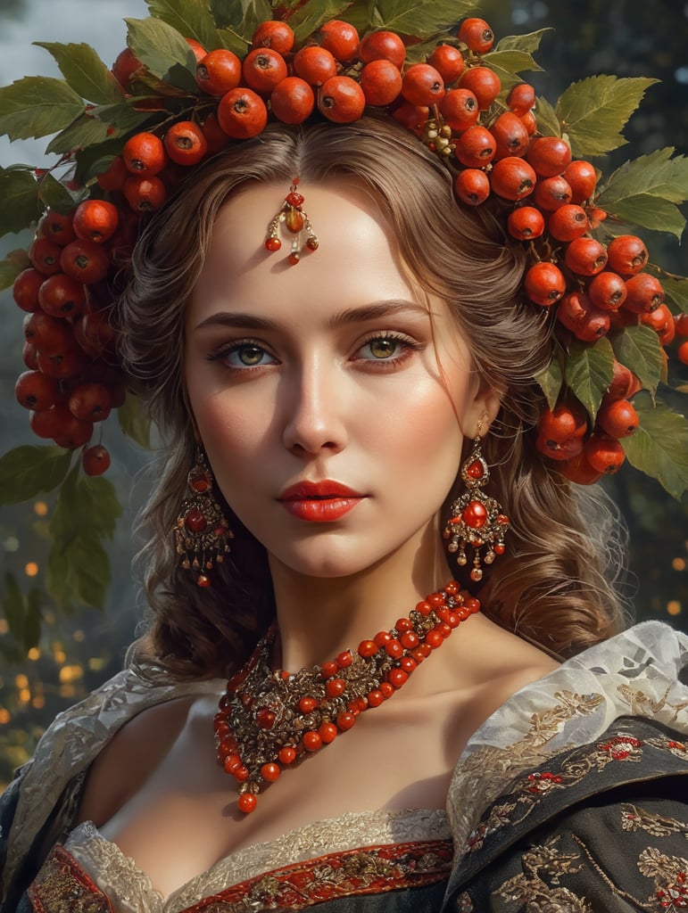 Portrait of a Beautiful women from Russian fairy tale wearing traditional costume around bunches of rowan