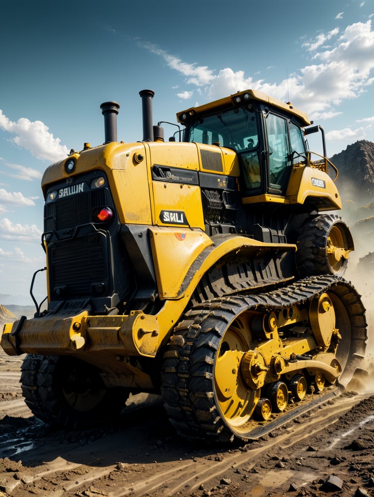 On a summer's day, a yellow caterpillar Crawler Dozer - Left Half Side View speeds ahead, splash in a wasteland.