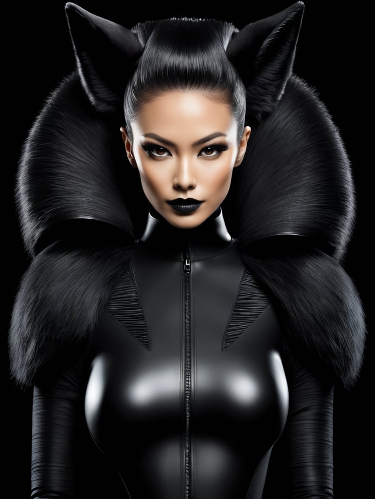 Fox, avant-garde, simplygo, photoshoot spread, dressed in all black, black background, harpers bizarre, cover, headshot, hyper realistic