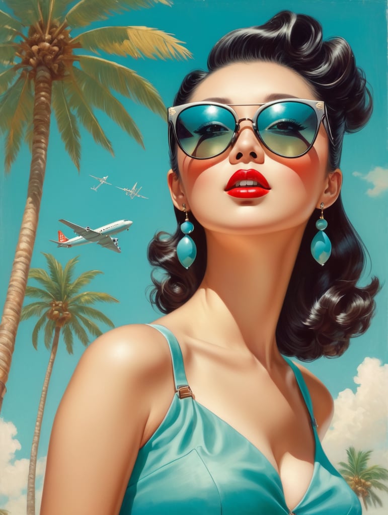 Pin up art, portrait, a chinese woman raised her head up, looks at the sky, sunglasses, one airplane flies in a clear sky and leaves a mark, summer, palms around, palms reflected on a sunglasses, turquoise shades, style by Gil Elvgren