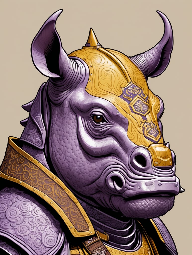 Woodcut portrait of an anthropomorphic rhinoceros superhero wearing samurai armor 3 dimensional relief in lavender and yellow and black and brown woodgrain