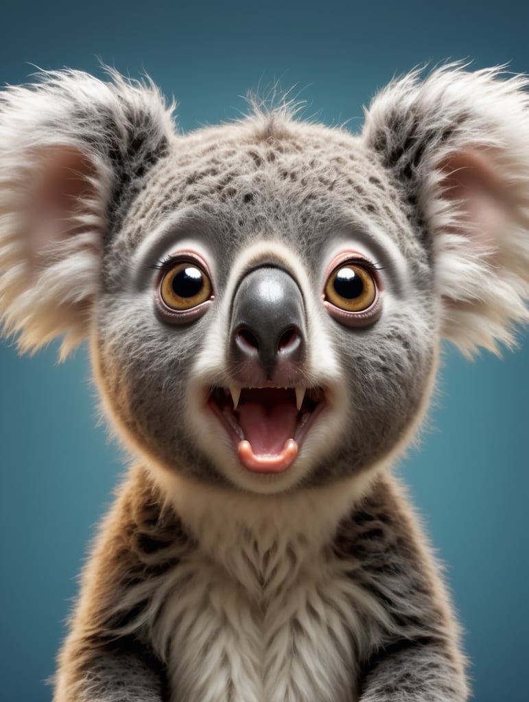 A caricature of a hairy baby koala bear, large eyes expressing surprise, oversized surprised eyes, hairy long neck, numb face, large eyes expressing surprise, long and shabby baby hair (Lanugo) on the face and neck, bright, photo realistic, enhanced image quality, contrasting background ,8k resolution, ultra realistic image