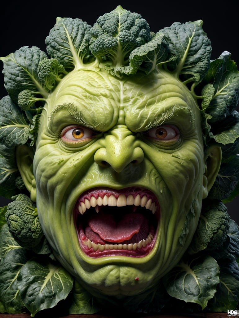 anthropomorphic evil cabbage with a huge head screams loudly, comic style, high resolution, hyperdetalization, photorealistic, high resolution