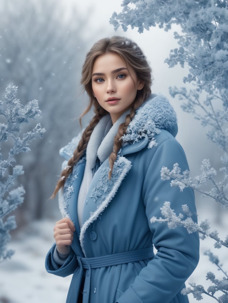 realistic real 8K, 3D, winter background beautiful girl in blue winter coat frozen flowers and hoarfrost branches