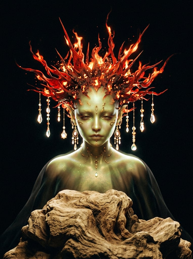 A surreal portrait of a pale ethereal being with greenish-gold skin in a black void. The figure has downcast eyes, a sprawling fiery-red spiky headdress, and dangling teardrop pendants. Soft airbrushed lighting and grainy textures highlight a sculpted tan mass in the foreground.