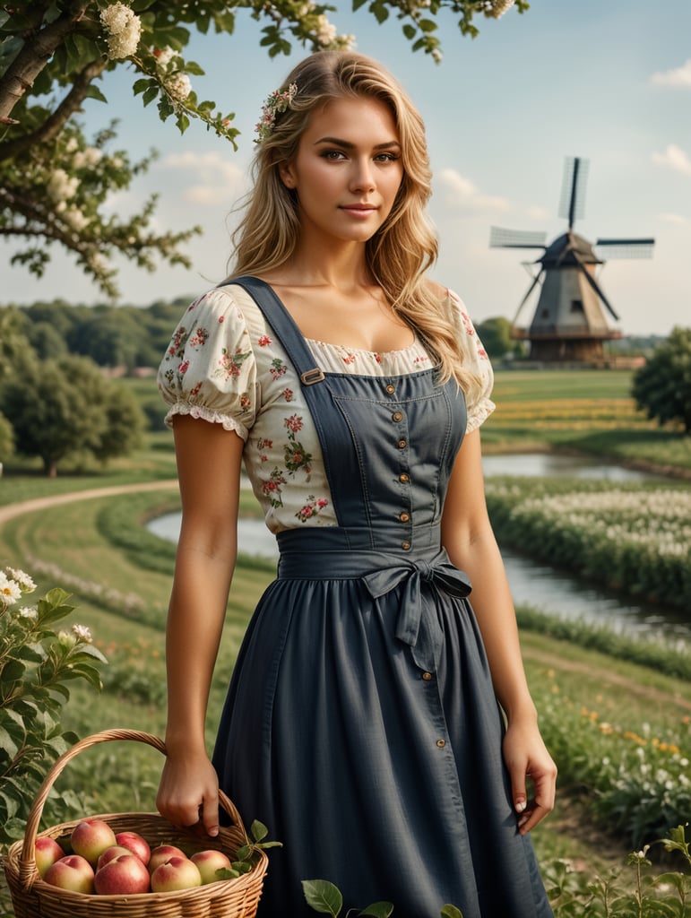 ultra realistic image of 25 year old farmer girl, blond hair, tanned, with a dress with flowers on it. She looks lovely. She stands on a field. Everywhere is grass and apple trees. In the background is a river and a windmill. She holds a basket with apples in her hands.