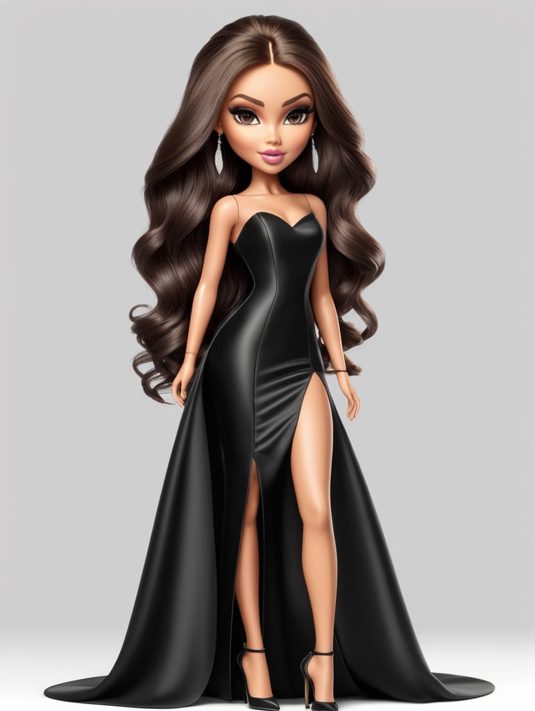 кукла Bratz, брюнетка в черном длинном платье в обтяжку впереди разрез на белом фоне рисунок 2d