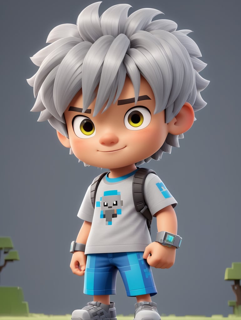 A Minecraft skin of a little boy with a gray t-shirt and a bracelet with gray hair