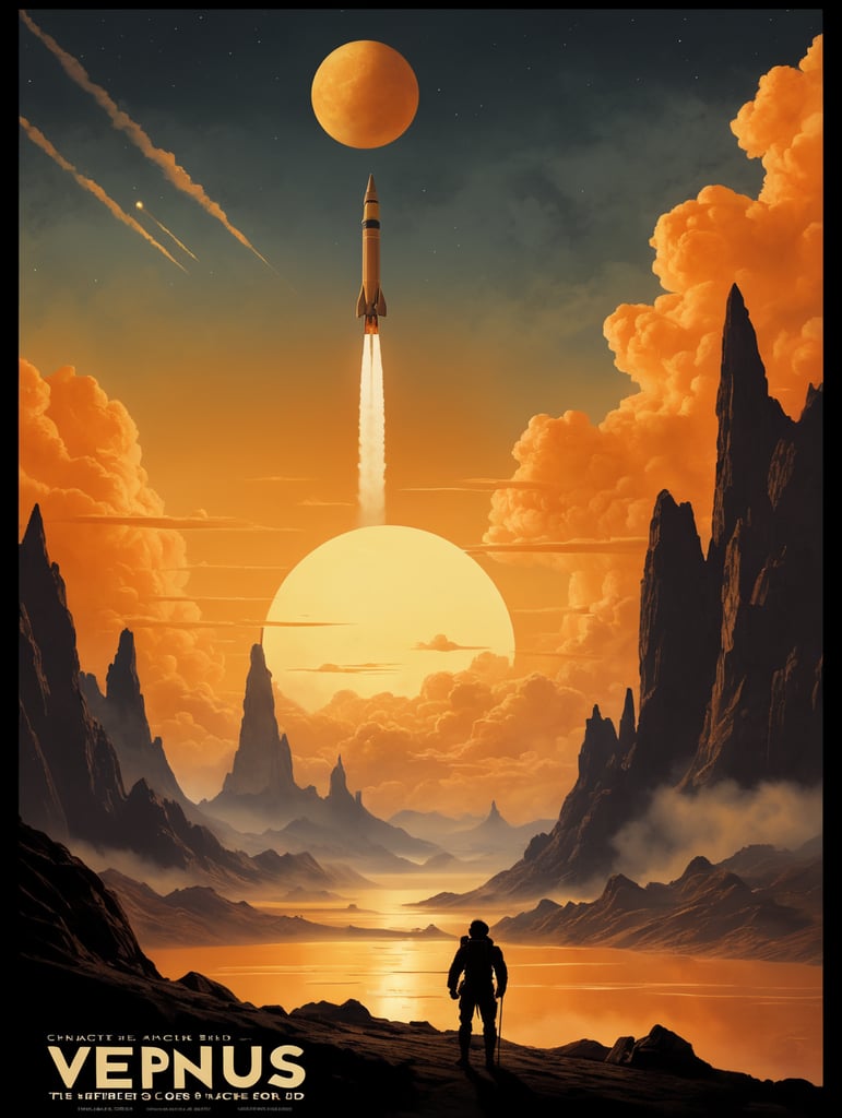Ein Vintage-Reiseplakat für Venus im Hochformat. Die Szene zeigt die dicken, gelblichen Wolken der Venus mit der Silhouette eines sich nähernden alten Raketenschiffs. Geheimnisvolle Formen deuten auf Berge und Täler unter den Wolken hin. Der untere Text lautet: „Explore Venus: Beauty Behind the Mist“. Das Farbschema besteht aus Gold-, Gelb- und sanften Orangetönen und erweckt ein Gefühl des Staunens.