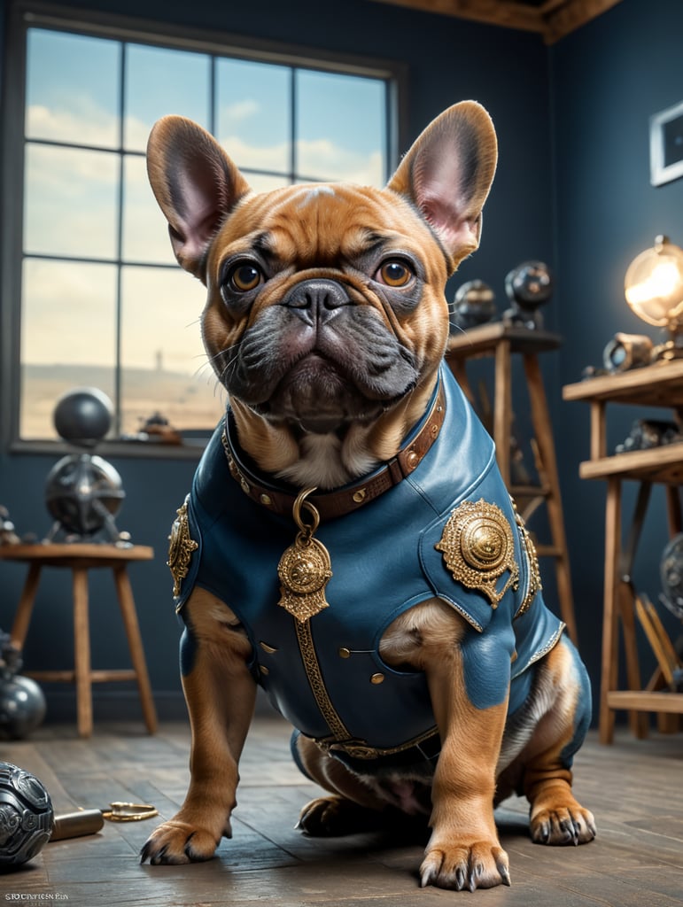 Blue and tan french bulldog with miscles looking cool standing in a plain studio