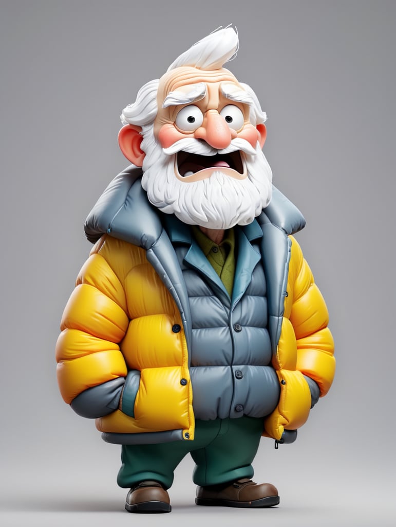 Inflatable white minimalist old man with beard puffer jacket, transparent, isolated, grey background, mockup